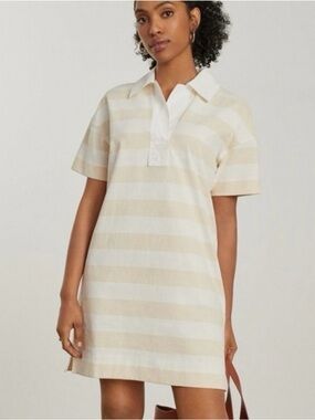 NWOT Everlane Tan White Stripe Organic Cotton Polo Dress M